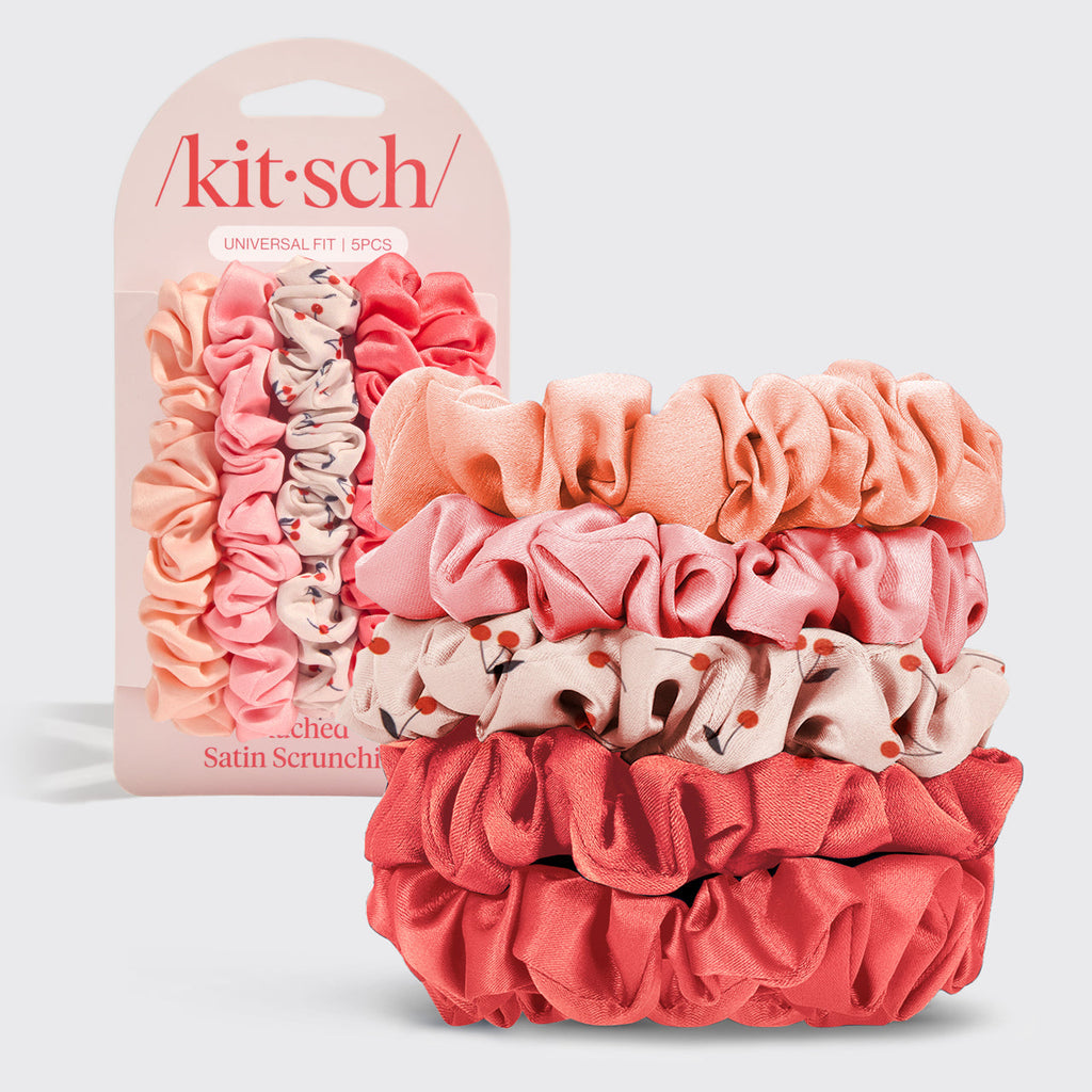 Cseresznyevirág mintás, húzott szatén hajgumi (Scrunchie) 5 darabos szett