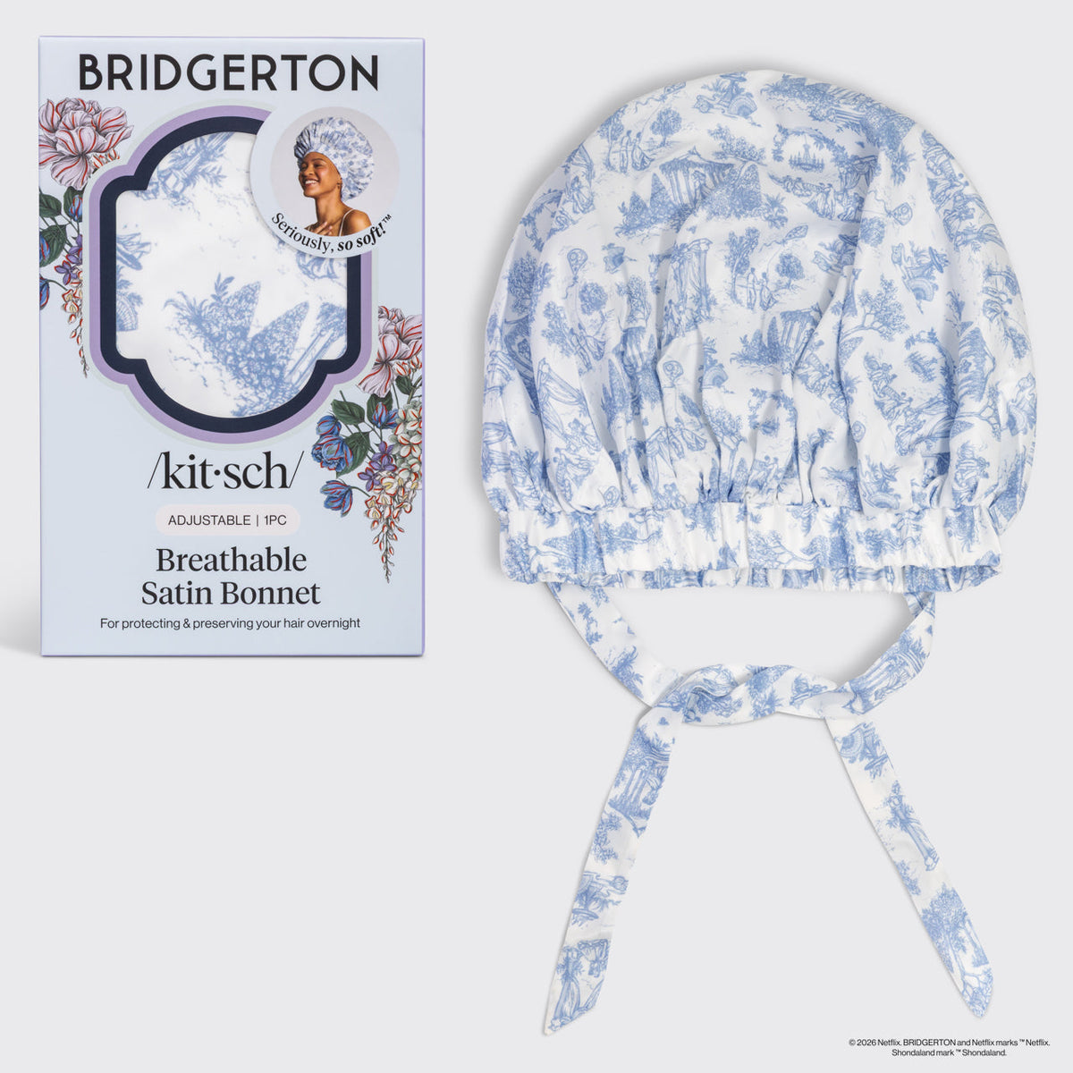 Bridgerton x Kitsch légáteresztő szatén hálósapka Garden Toile mintában