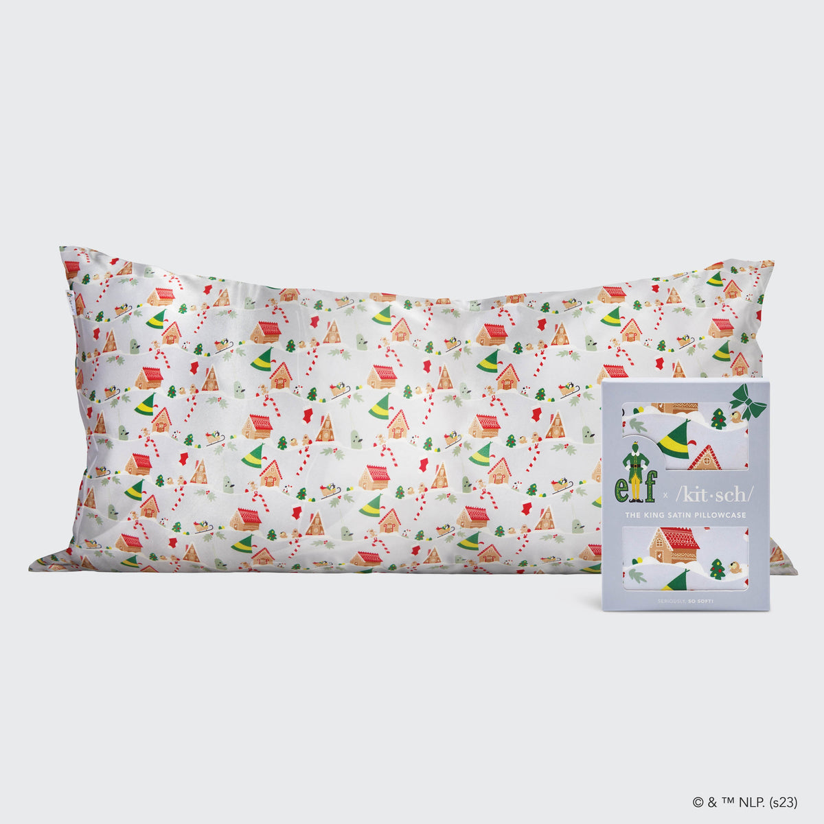 Kitsch x elf szatén párnahuzat Periwinkle Christmas mintában – King