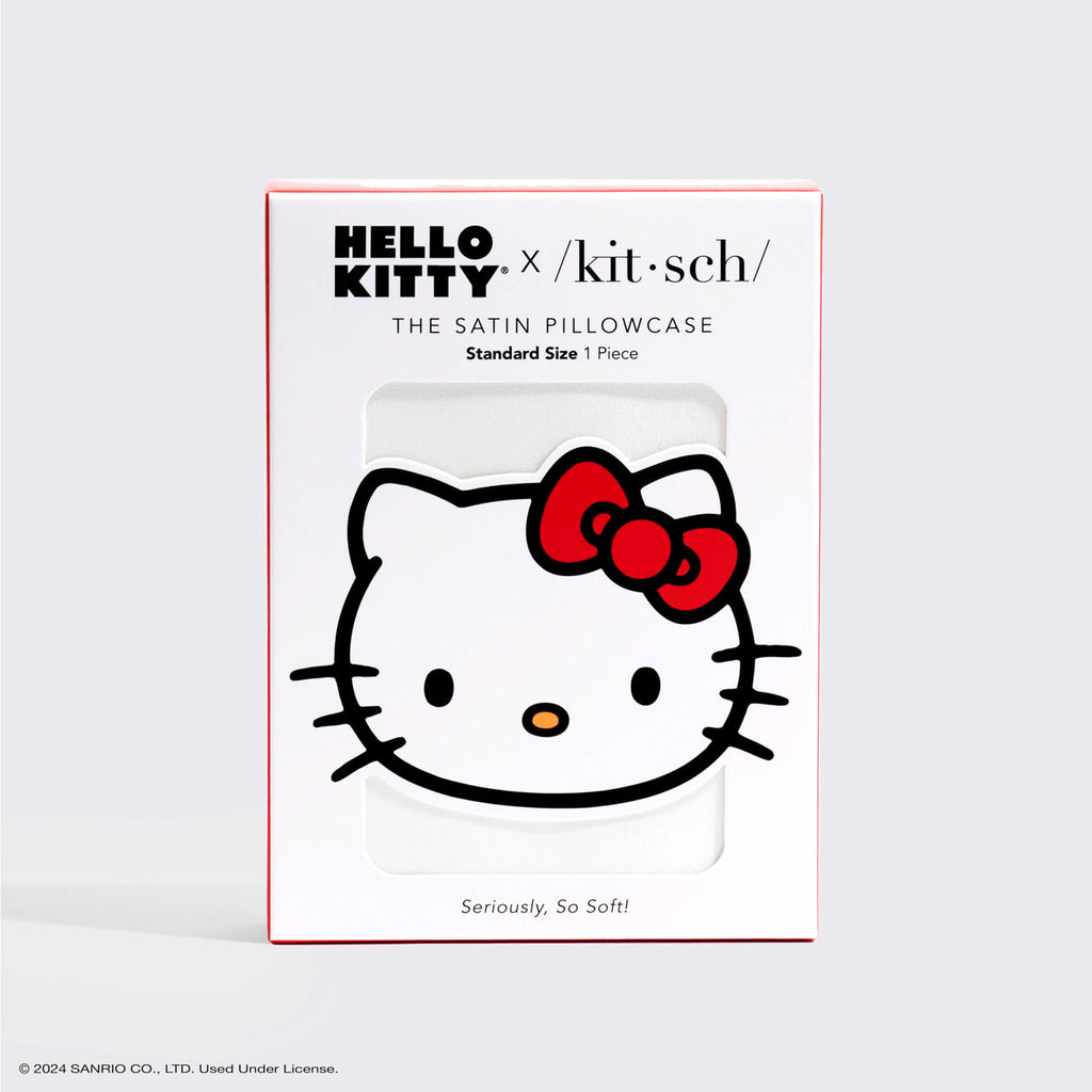Kitsch x Hello Kitty szatén párnahuzat – elefántcsontszínű Kitty masni (Ivory Kitty Bow)