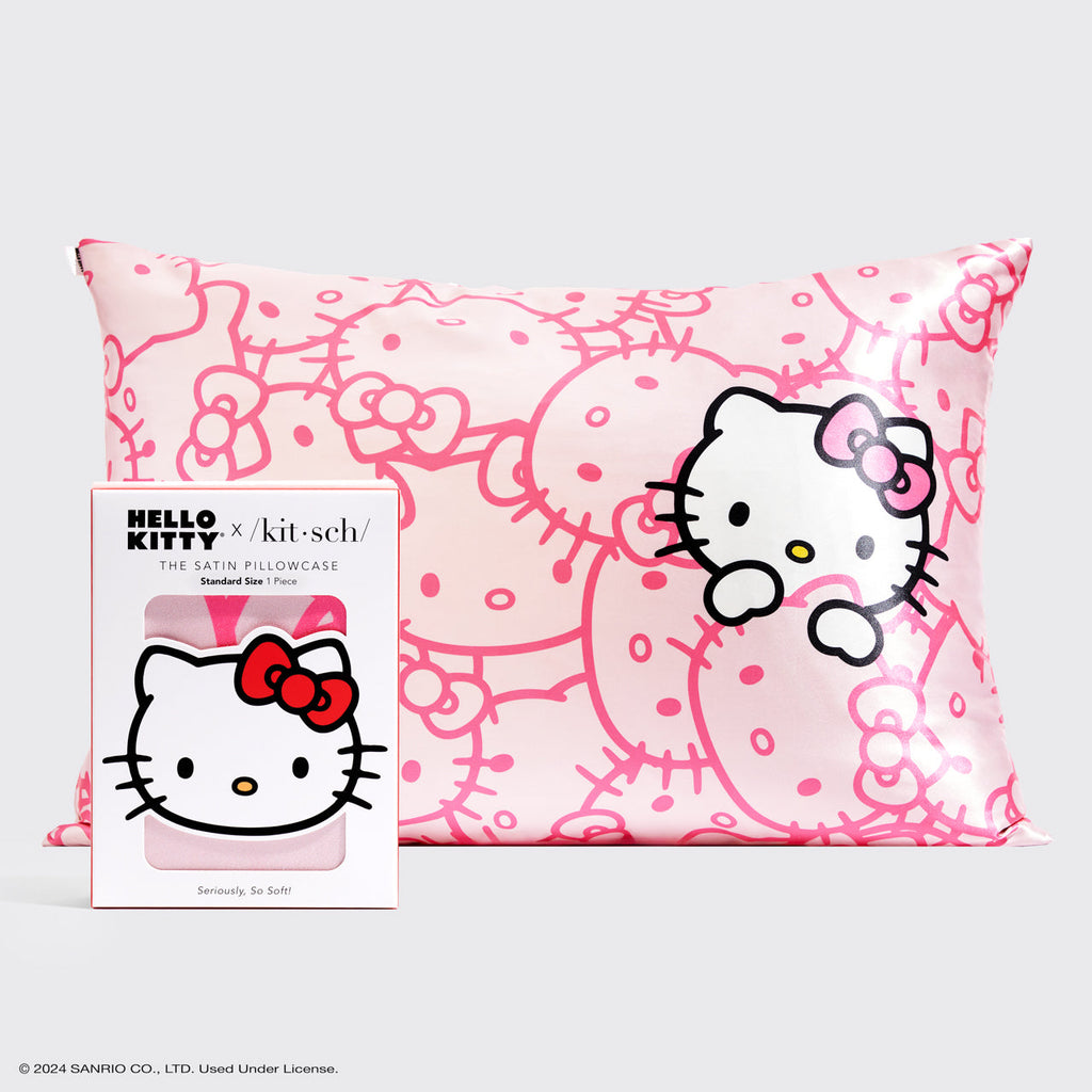 Kitsch x Hello Kitty szatén párnahuzat – rózsaszín Hello Kitty arcok (Pink Hello Kitty Faces)