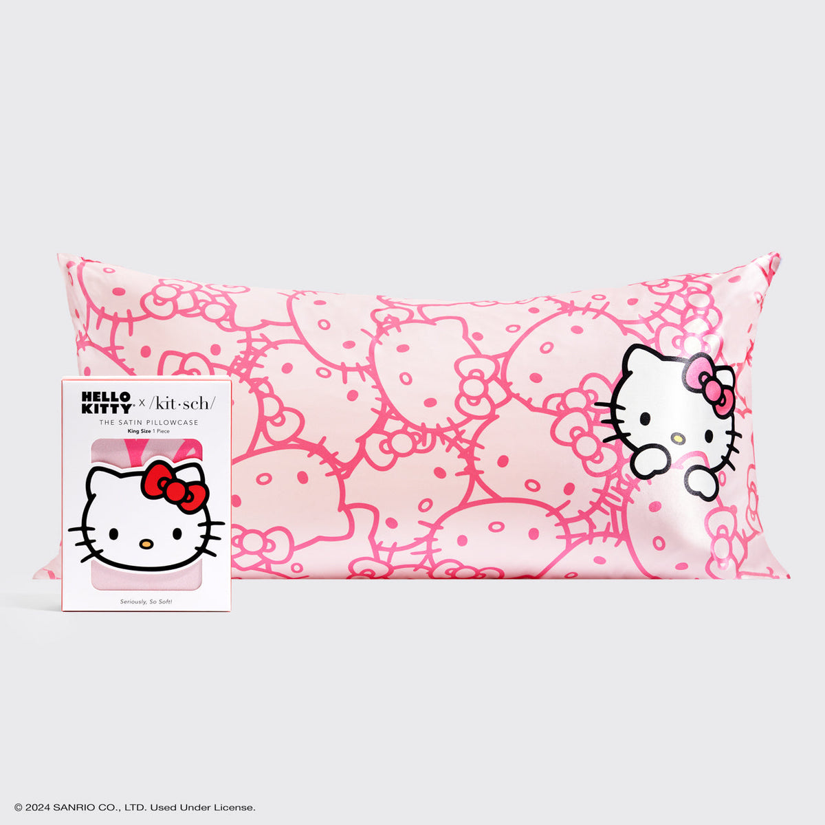 Kitsch x Hello Kitty szatén párnahuzat – rózsaszín Hello Kitty arcok – King